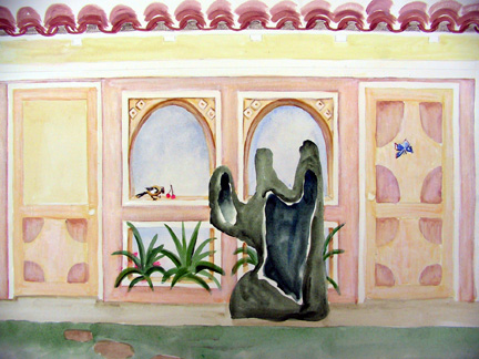 Watercolor mock-up painted in California Mission style as a backdrop to a geode in the shape of a cactus