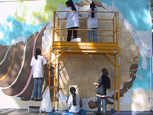 5th grade students working on the mural