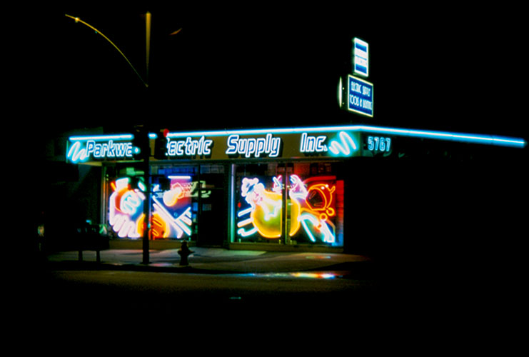 Parkway Electric Mural with neon at night