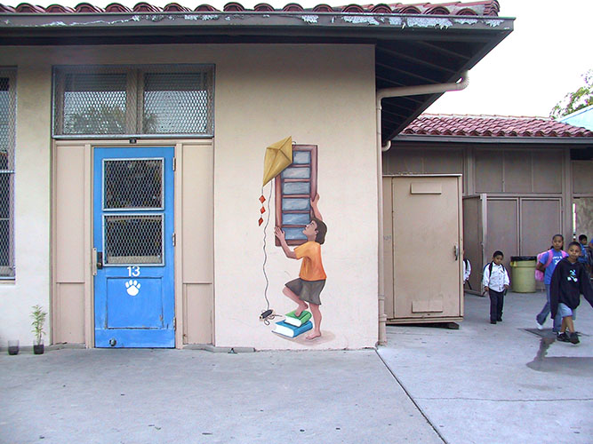 Boy with Kite Mural in School Courtyard